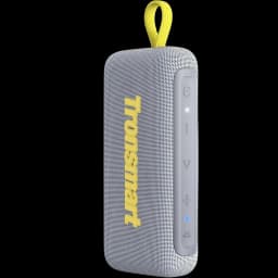 Enceinte portable grise compacte 10 W, tissu maillé, logo Tronsmart jaune, boucle de transport, boutons latéraux rétroéclairés, design vertical robuste