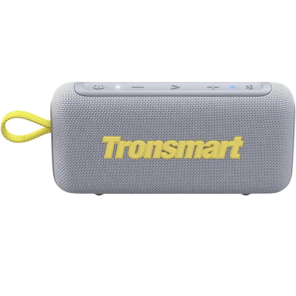 Tronsmart Trip 2 gris 10W con malla textil, logo frontal en relieve amarillo, controles superiores, luz LED de estado y correa amarilla para transporte - Ítem9