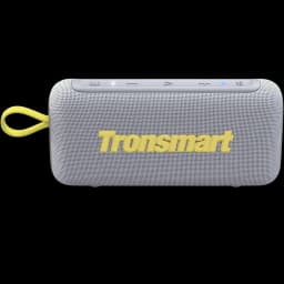 Enceinte portable grise Tronsmart Trip 2 10 W Bluetooth 5.3 avec toile maillée, logo jaune, sangle de transport jaune et boutons supérieurs intuitifs