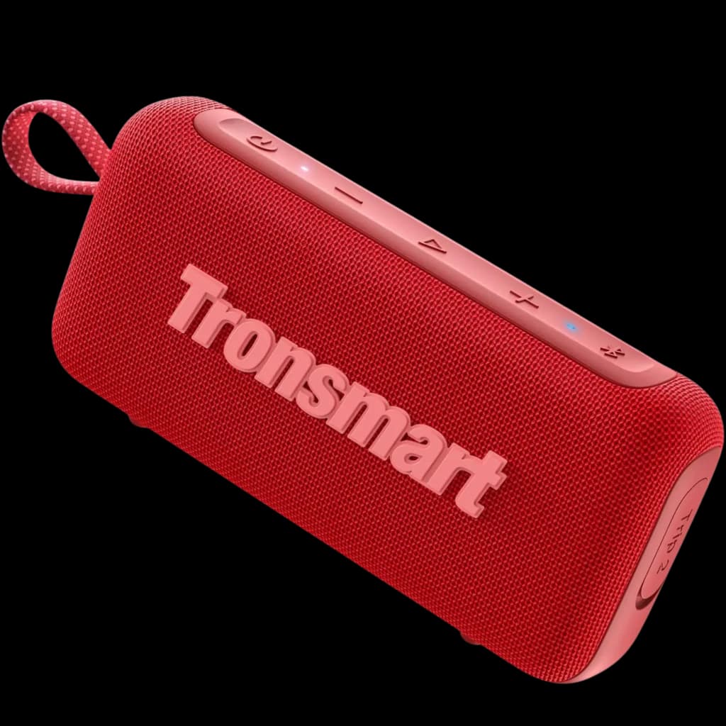 Enceinte rouge compacte avec tissu maillé, logo Tronsmart en relief, commandes supérieures, voyants LED et sangle de transport; format horizontal robuste