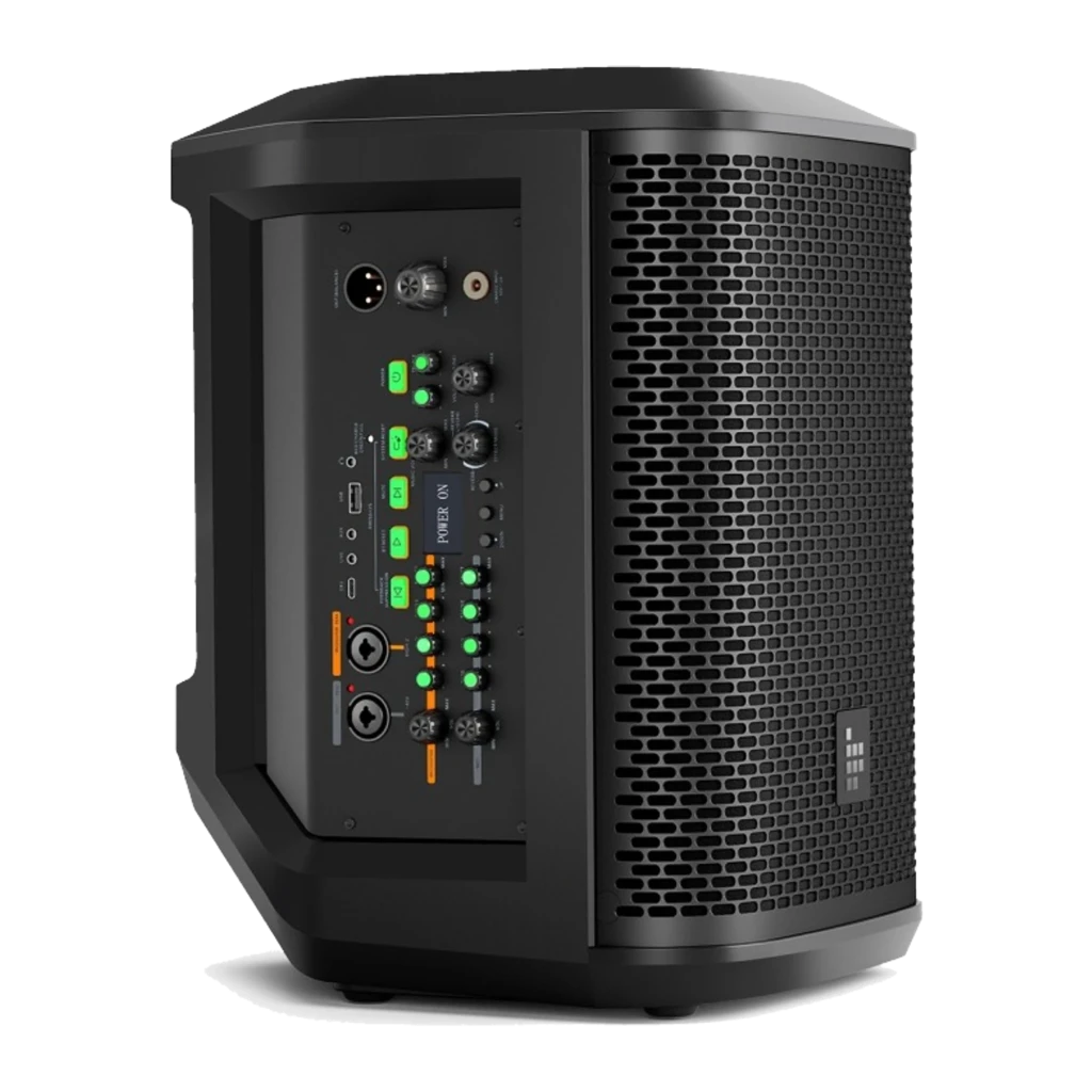 Coluna PA Tronsmart Hytune S1 200W com grelha metálica preta, painel superior inclinado e indicador frontal quadrado; smartphone exibindo conexão Bluetooth - Item8