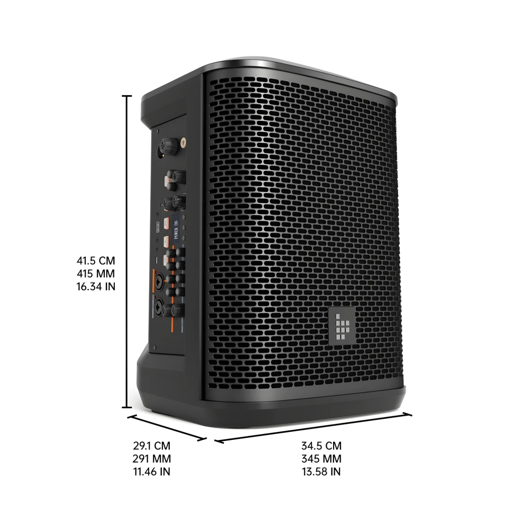 Coluna PA Tronsmart Hytune S1 200W com grelha metálica preta, painel superior inclinado e indicador frontal quadrado; smartphone exibindo conexão Bluetooth - Item6