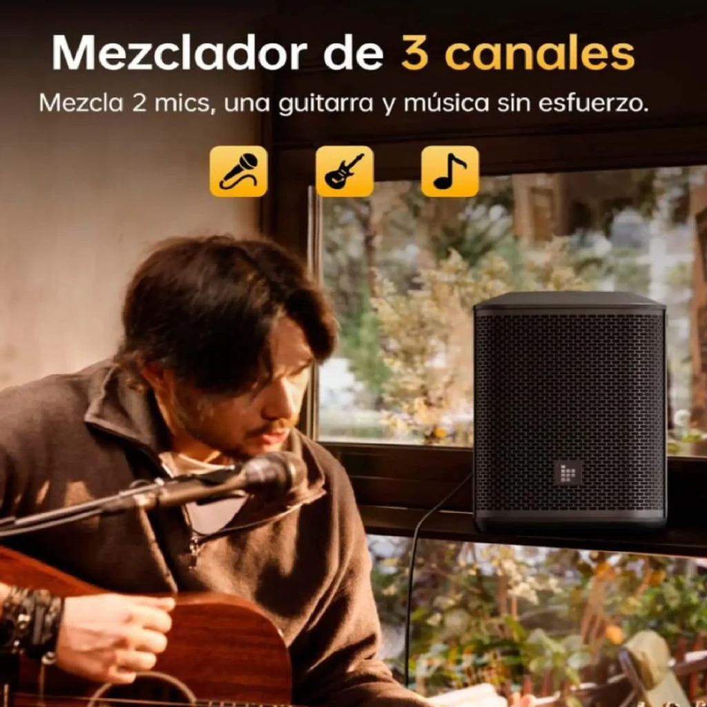Coluna PA Tronsmart Hytune S1 200W com grelha metálica preta, painel superior inclinado e indicador frontal quadrado; smartphone exibindo conexão Bluetooth - Item7