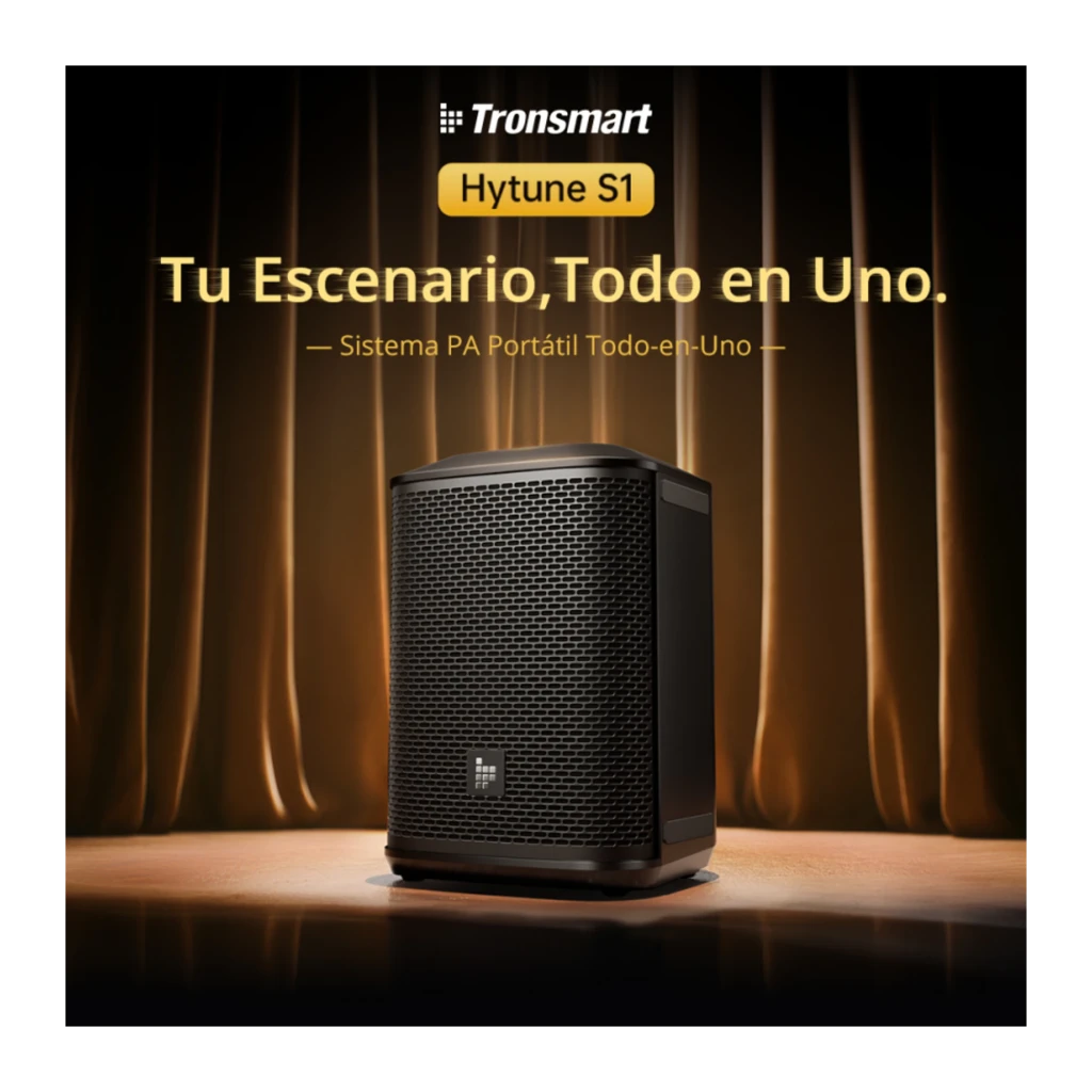 Coluna PA Tronsmart Hytune S1 200W com grelha metálica preta, painel superior inclinado e indicador frontal quadrado; smartphone exibindo conexão Bluetooth - Item4