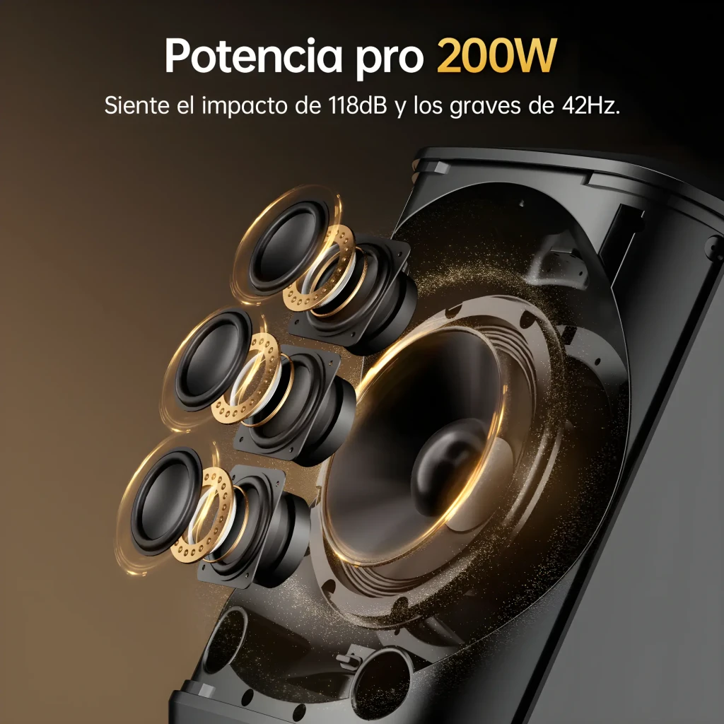 Coluna PA Tronsmart Hytune S1 200W com grelha metálica preta, painel superior inclinado e indicador frontal quadrado; smartphone exibindo conexão Bluetooth - Item1