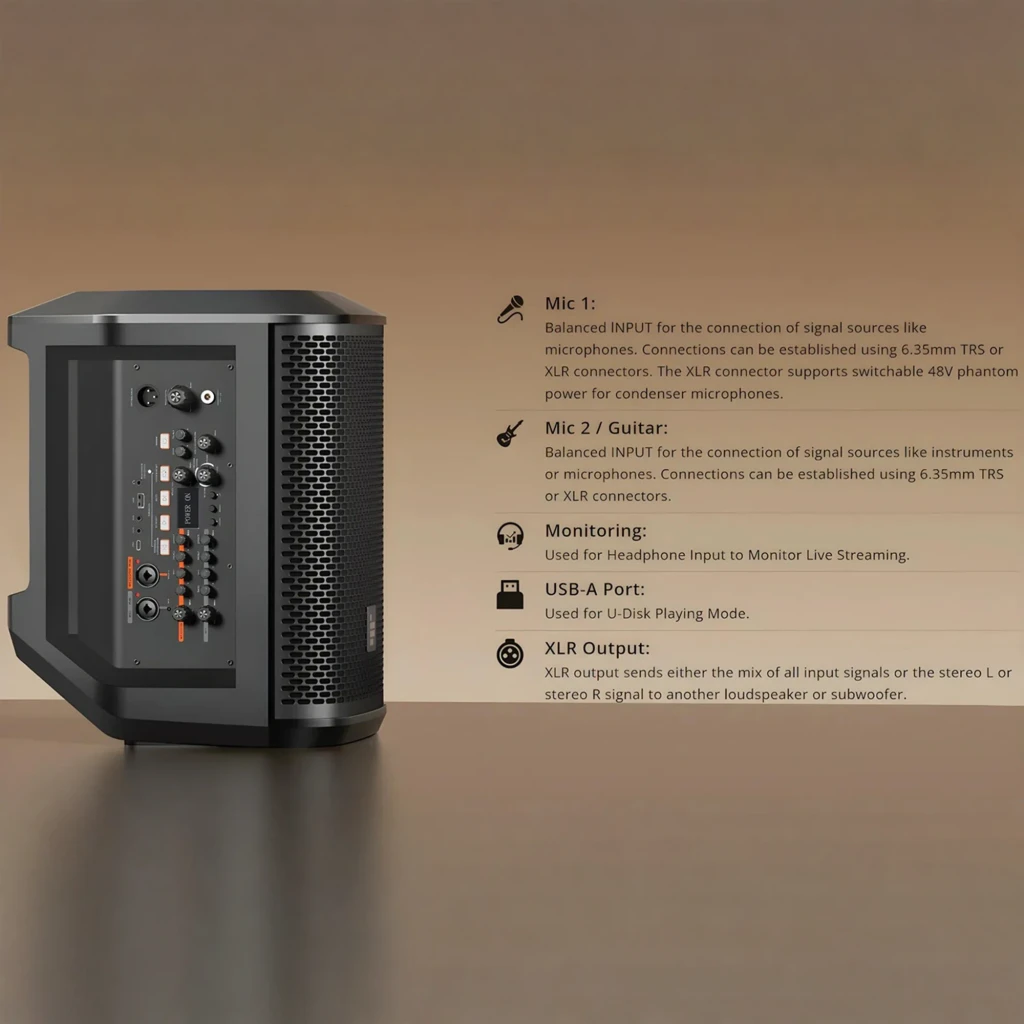 Coluna PA Tronsmart Hytune S1 200W com grelha metálica preta, painel superior inclinado e indicador frontal quadrado; smartphone exibindo conexão Bluetooth - Item2
