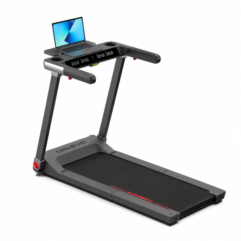 Tapis de course pliable gris avec plateau pour ordinateur portable, écran LED intégré, poignées robustes et surface de course noire compacte 551,6 W