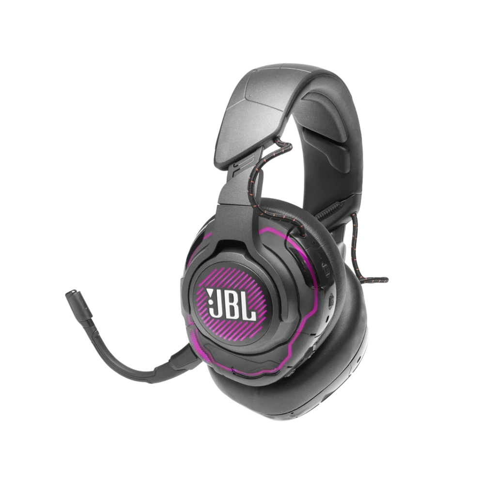 Casque gaming JBL Quantum ONE noir avec éclairage LED orange, micro détachable, arceau rembourré, oreillettes circum-aurales et design robuste. - Ítem1