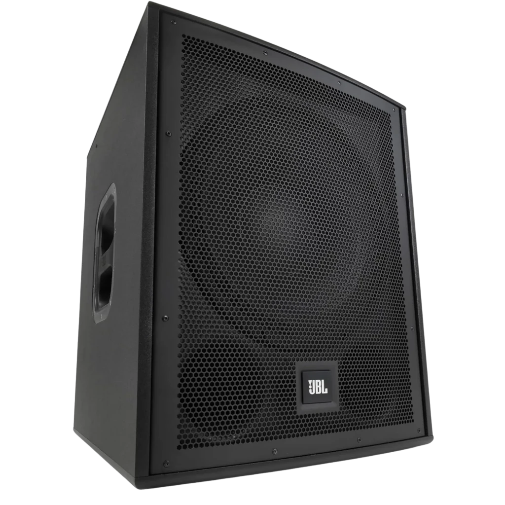 Subwoofer ativo JBL IRX115S 15 pol e 1300 W, gabinete preto robusto, grade metálica perfurada frontal e alças laterais embutidas para transporte - Item1