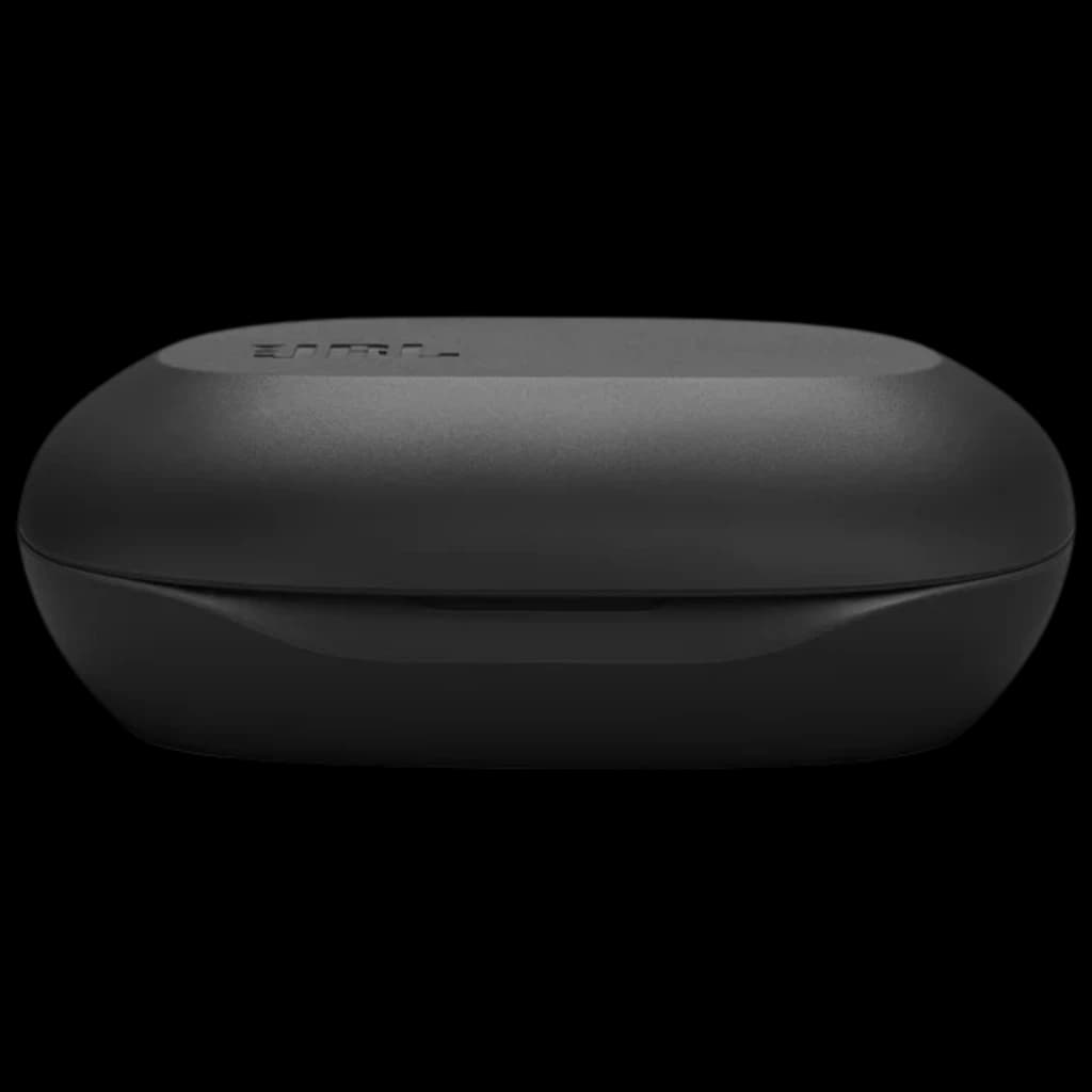Estuche negro compacto JBL Sense Lite, acabado mate, logotipo sutil en la tapa y puerto de carga frontal; diseño IP54, portátil y resistente