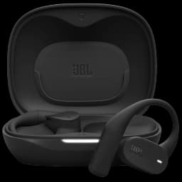 Auriculares JBL Sense Lite negros con gancho ergonómico, estuche compacto, indicador LED, diseño deportivo, resistentes IP54 y hasta 32 h de uso