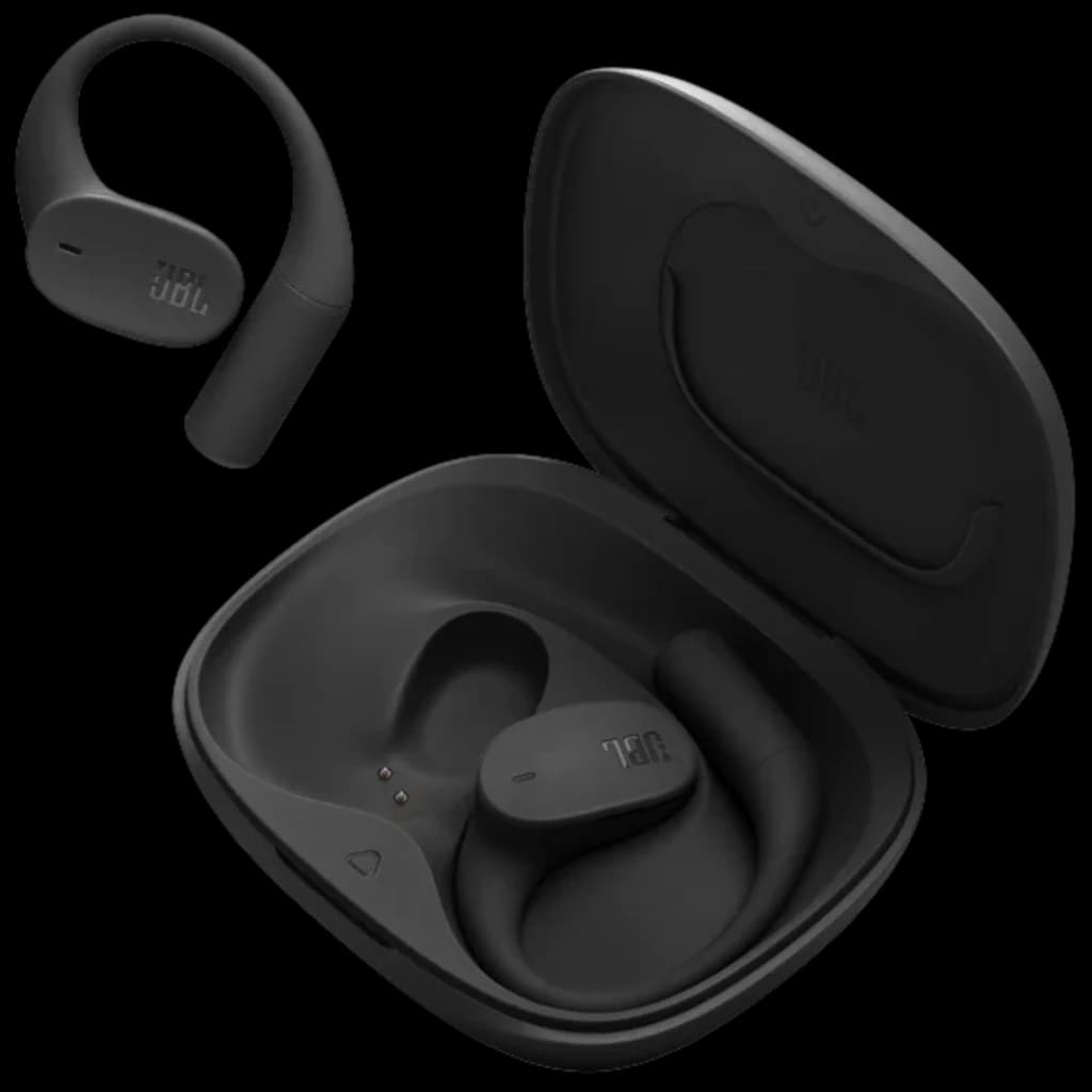 Auriculares JBL Sense Lite negros con gancho ergonómico, estuche de carga compacto, diseño minimalista, resistencia IP54 y contactos de carga visibles