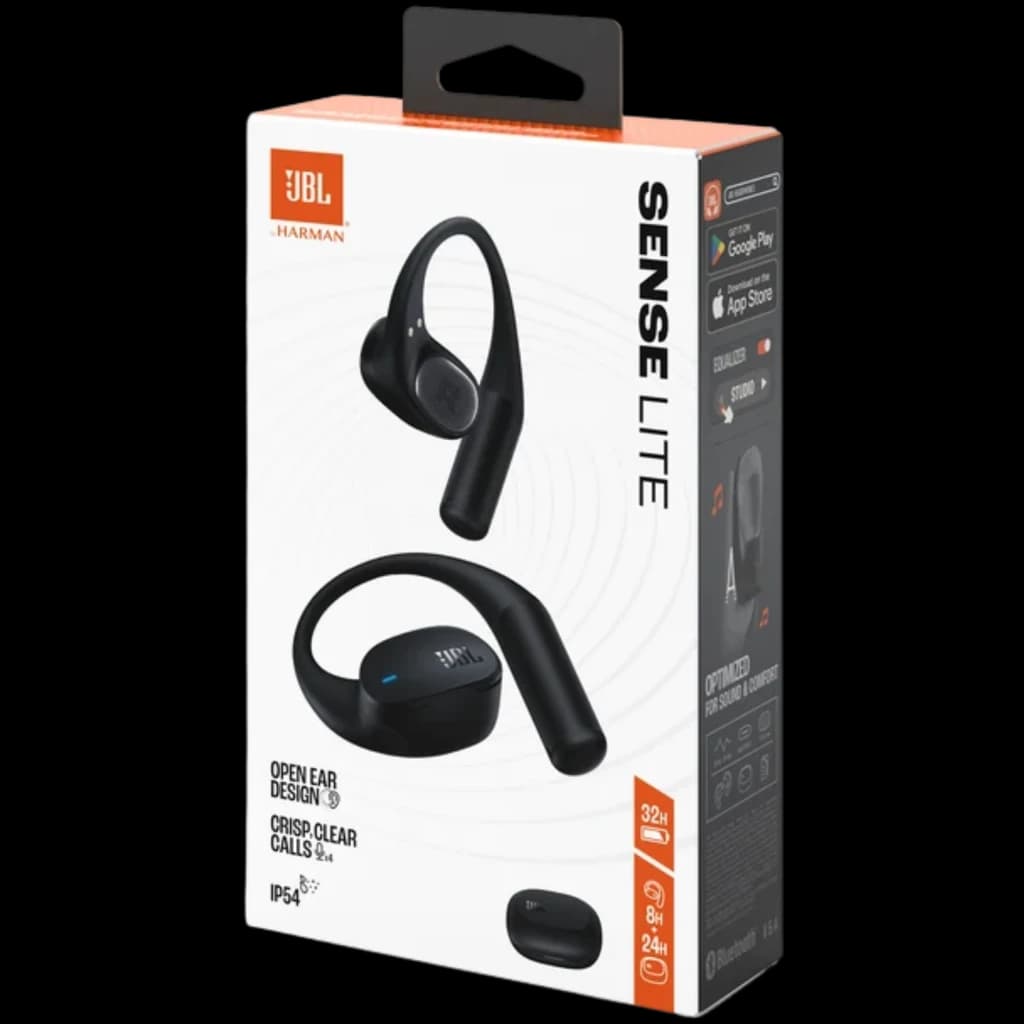 Caja JBL Sense Lite inalámbricos negros: diseño open ear con ganchos, estuche de carga, IP54, 32 h de batería, compatibilidad Android y iOS, llamadas