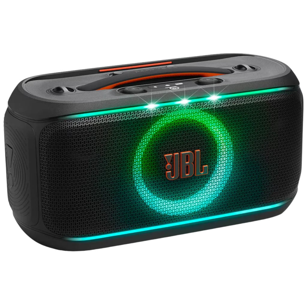 Altavoz portátil JBL PartyBox On-The-Go 2 negro con luces LED frontales, asa y correa de transporte, rejilla metálica y micrófono inalámbrico incluido - Ítem2