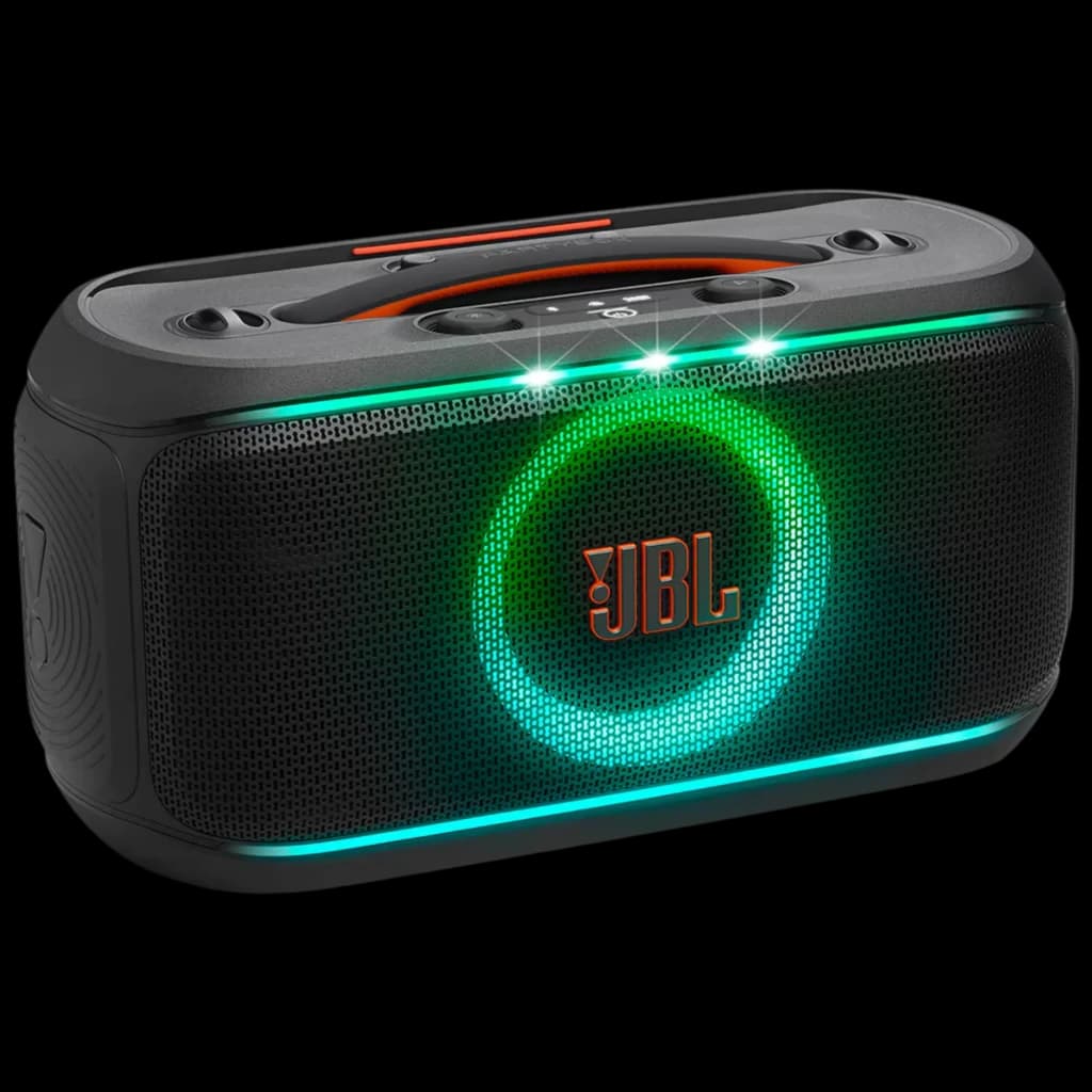 Enceinte JBL noire compacte avec anneau LED vert et barre lumineuse turquoise, grille avant perforée, logo orange, poignée intégrée et commandes
