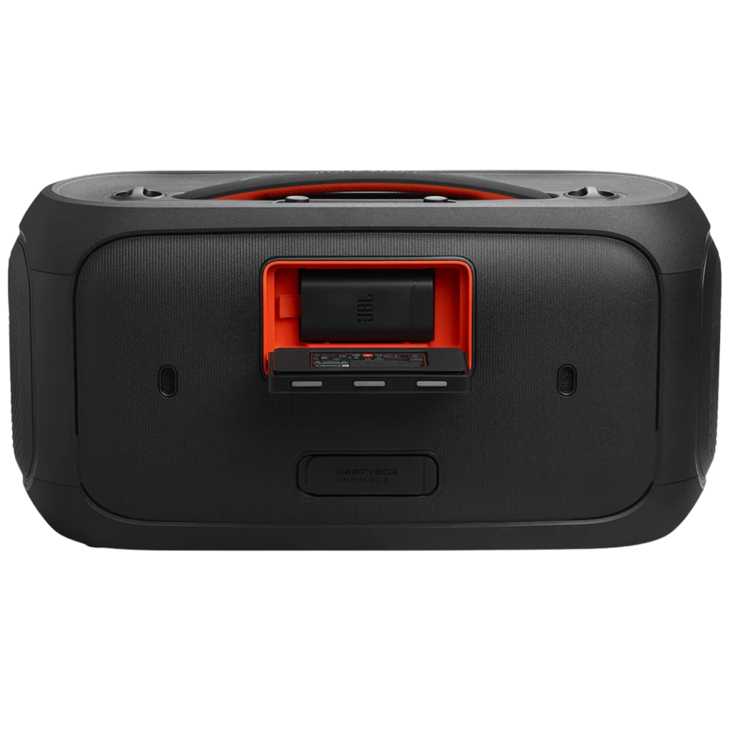 Altavoz portátil JBL PartyBox On-The-Go 2 negro con luces LED frontales, asa y correa de transporte, rejilla metálica y micrófono inalámbrico incluido - Ítem6