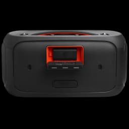 Panneau arrière noir avec compartiment batterie orange, poignée intégrée, évents latéraux et cache caoutchouté pour ports, design robuste IPX4 portable