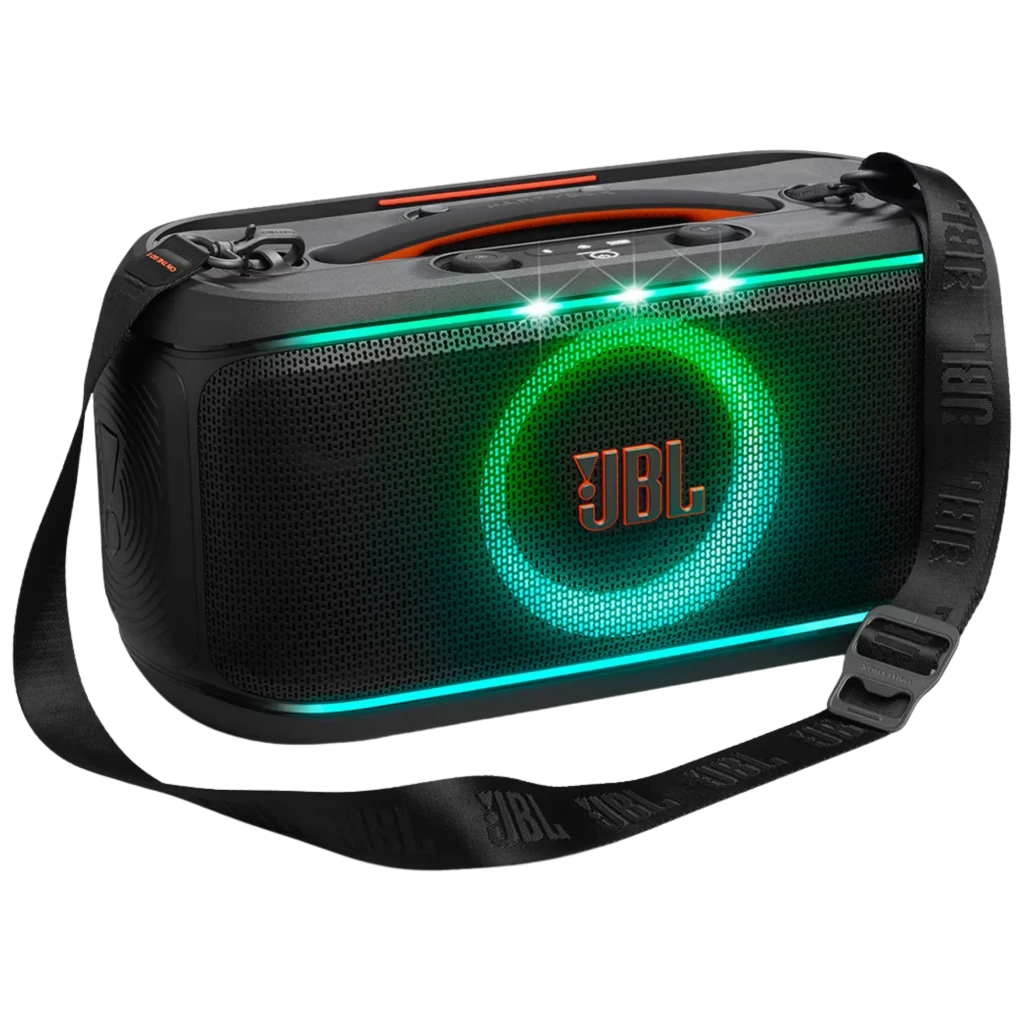Altavoz portátil JBL PartyBox On-The-Go 2 negro con luces LED frontales, asa y correa de transporte, rejilla metálica y micrófono inalámbrico incluido - Ítem3