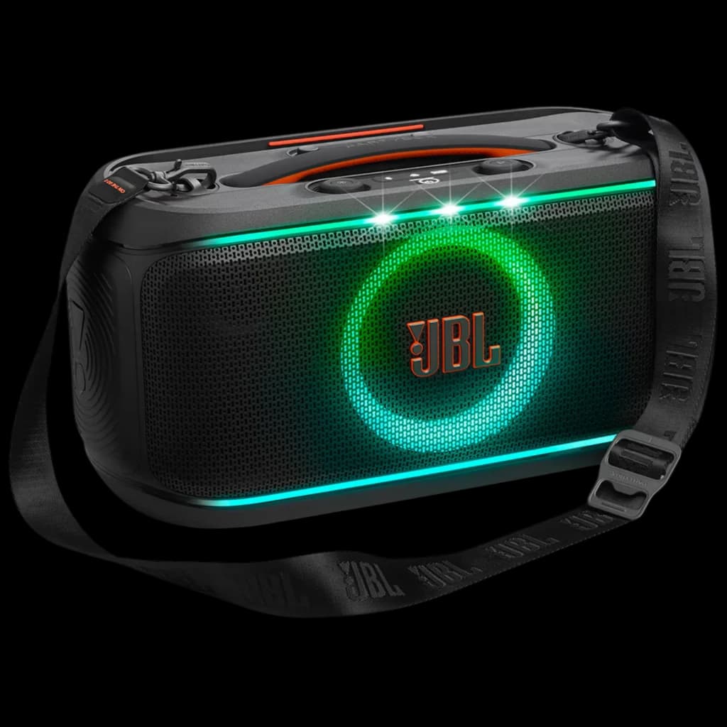 Enceinte portable noire avec anneau LED vert et barre lumineuse, grille JBL, bandoulière large, boutons supérieurs, design robuste compact IPX4 100 W