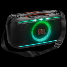 Enceinte portable noire avec anneau LED vert et barre lumineuse, grille JBL, bandoulière large, boutons supérieurs, design robuste compact IPX4 100 W