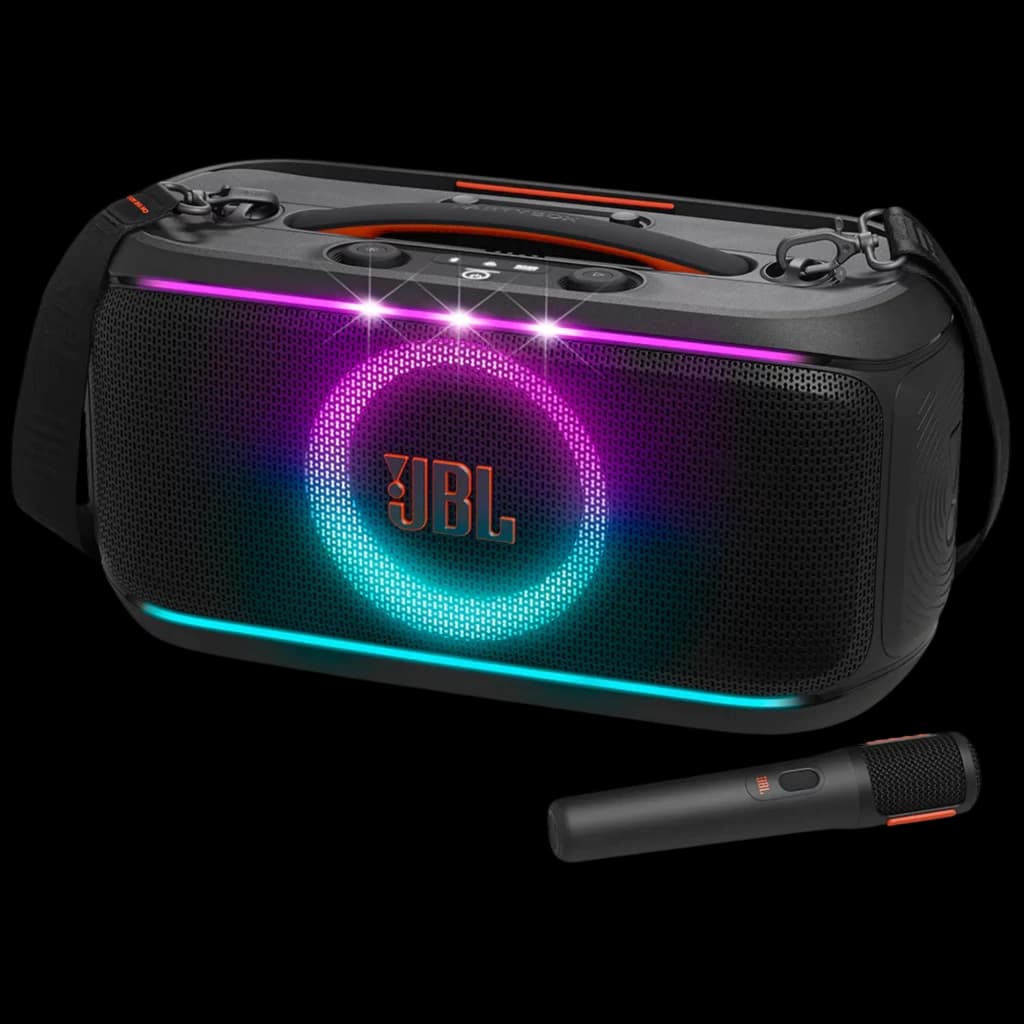Enceinte portable noire avec anneau LED multicolore, grille JBL, sangle épaule et micro sans fil; design robuste IPX4, commandes supérieures, format festif