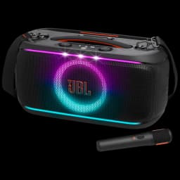 Enceinte portable noire avec anneau LED multicolore, grille JBL, sangle épaule et micro sans fil; design robuste IPX4, commandes supérieures, format festif