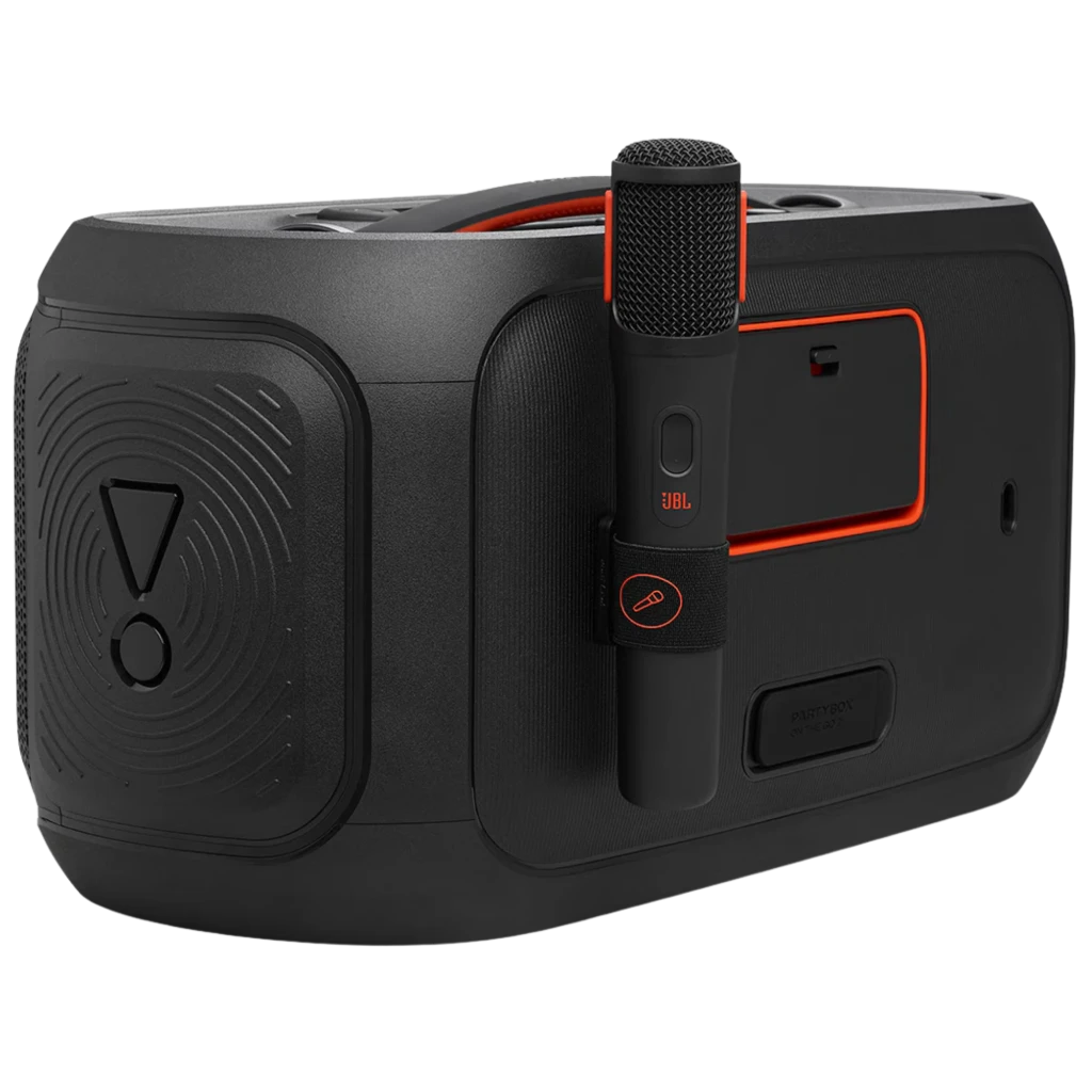 Altavoz portátil JBL PartyBox On-The-Go 2 negro con luces LED frontales, asa y correa de transporte, rejilla metálica y micrófono inalámbrico incluido - Ítem5