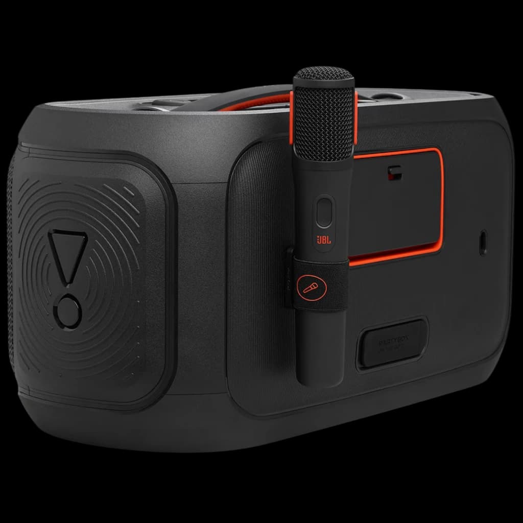 JBL PartyBox On-The-Go 2 noire, boîtier robuste avec accents orange, micro sans fil fixé sur le côté, poignée supérieure, design IPX4 pensé pour la fête
