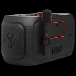 JBL PartyBox On-The-Go 2 noire, boîtier robuste avec accents orange, micro sans fil fixé sur le côté, poignée supérieure, design IPX4 pensé pour la fête
