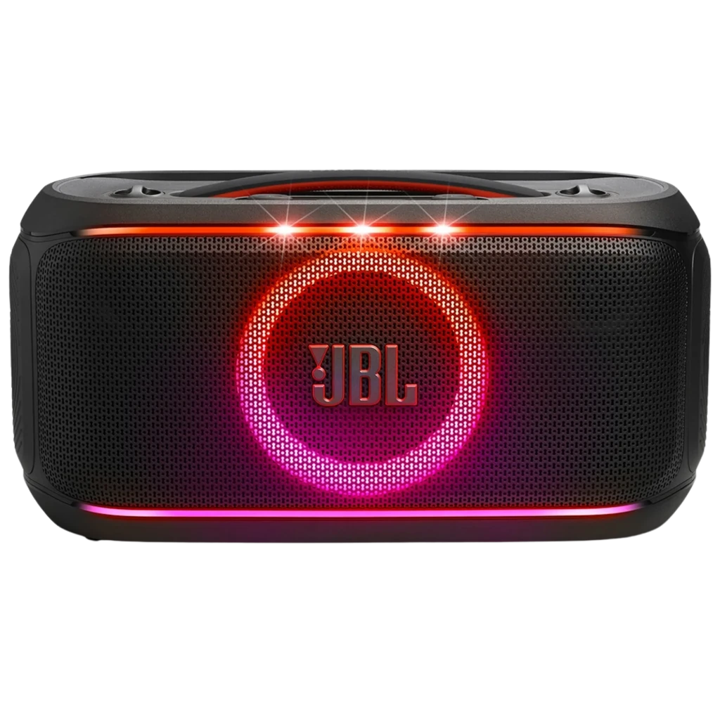 Altavoz portátil JBL PartyBox On-The-Go 2 negro con luces LED frontales, asa y correa de transporte, rejilla metálica y micrófono inalámbrico incluido - Ítem1