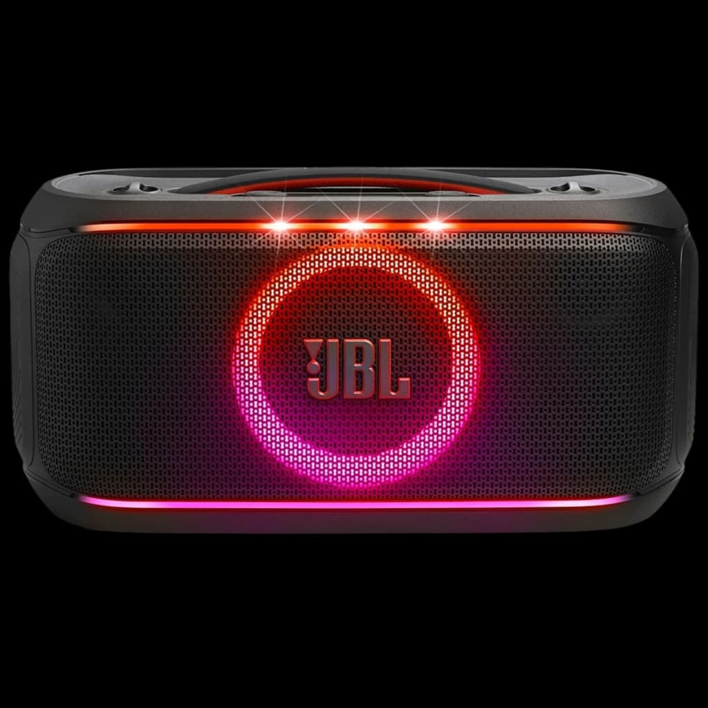 Enceinte noire JBL PartyBox On-The-Go 2 avec anneau LED RGB central, grille métallique JBL, effets lumineux supérieurs, format portable robuste IPX4
