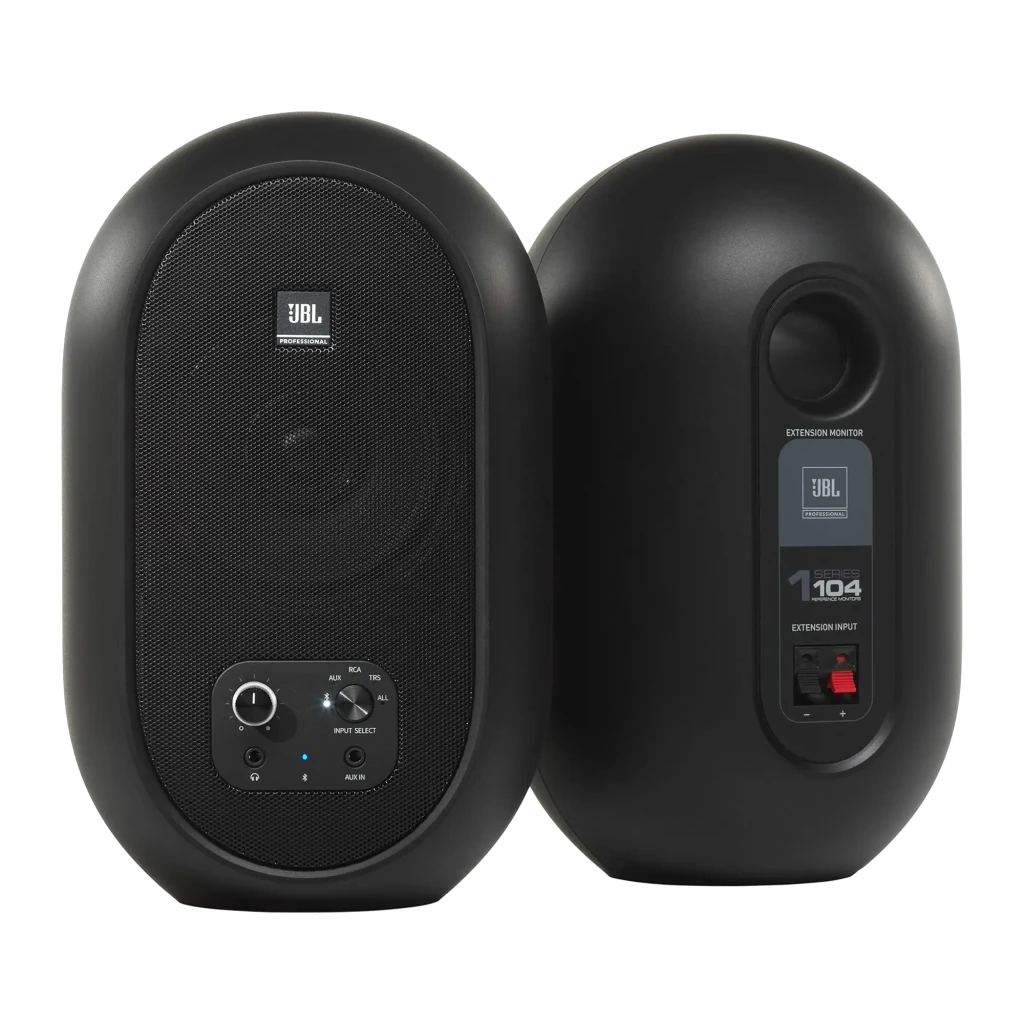 JBL 104 SET-BT 60 W Bluetooth Preto: par de monitores compactos ovais, acabamento fosco, grelha frontal preta, controles e entradas na base de um dos lados - Item1