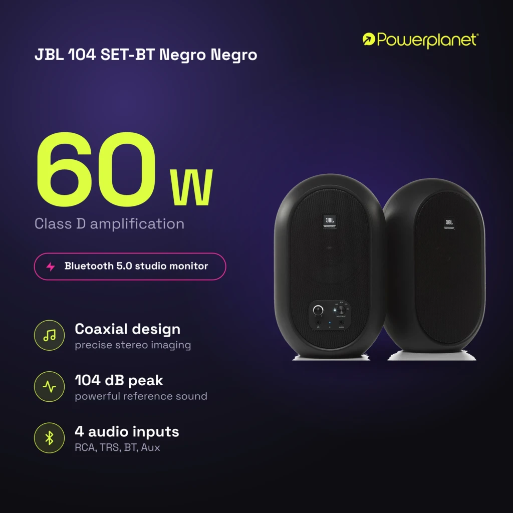 JBL 104 SET-BT 60 W Bluetooth Preto: par de monitores compactos ovais, acabamento fosco, grelha frontal preta, controles e entradas na base de um dos lados - Item4