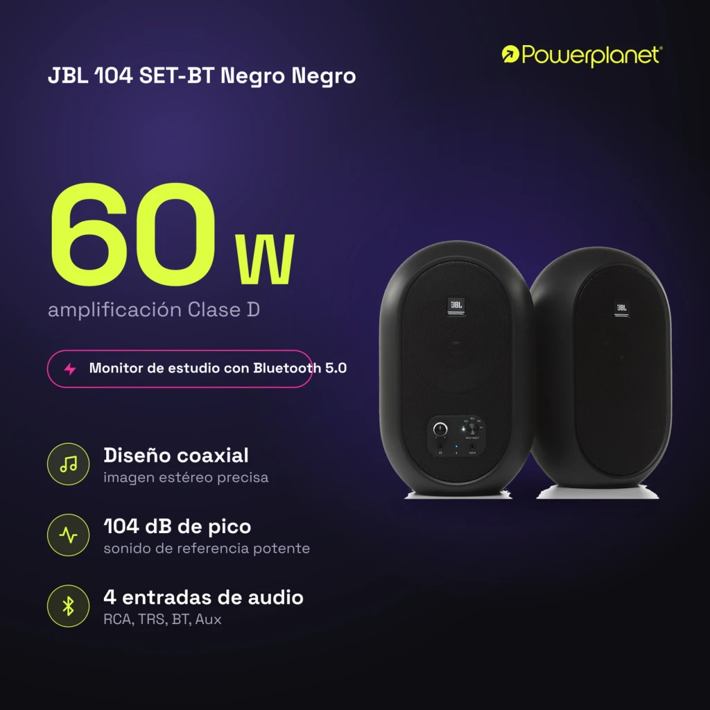 JBL 104 SET-BT 60 W Bluetooth Preto: par de monitores compactos ovais, acabamento fosco, grelha frontal preta, controles e entradas na base de um dos lados - Item5