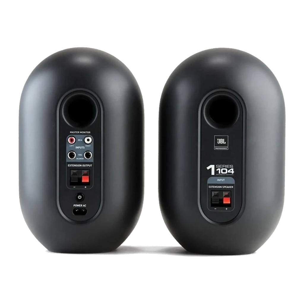 JBL 104 SET-BT 60 W Bluetooth Preto: par de monitores compactos ovais, acabamento fosco, grelha frontal preta, controles e entradas na base de um dos lados - Item2