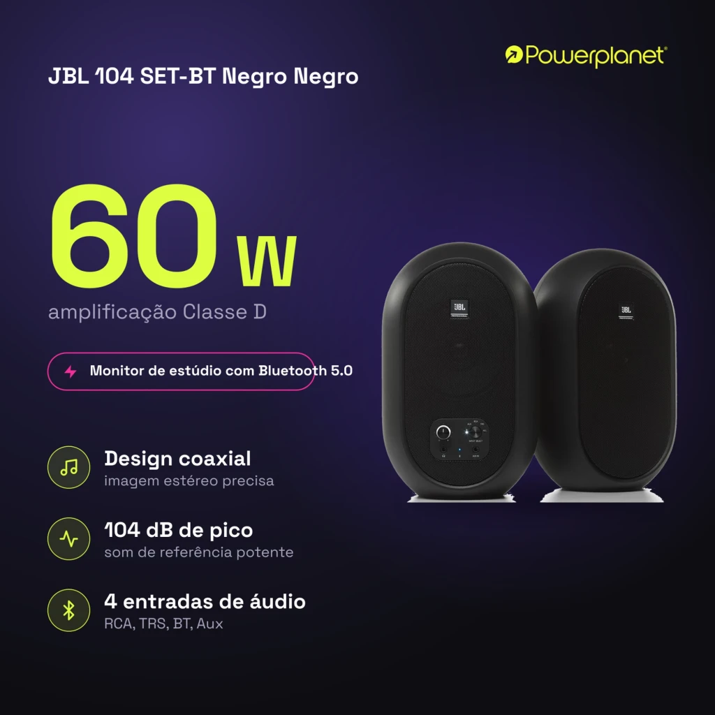 JBL 104 SET-BT 60 W Bluetooth Preto: par de monitores compactos ovais, acabamento fosco, grelha frontal preta, controles e entradas na base de um dos lados - Item7