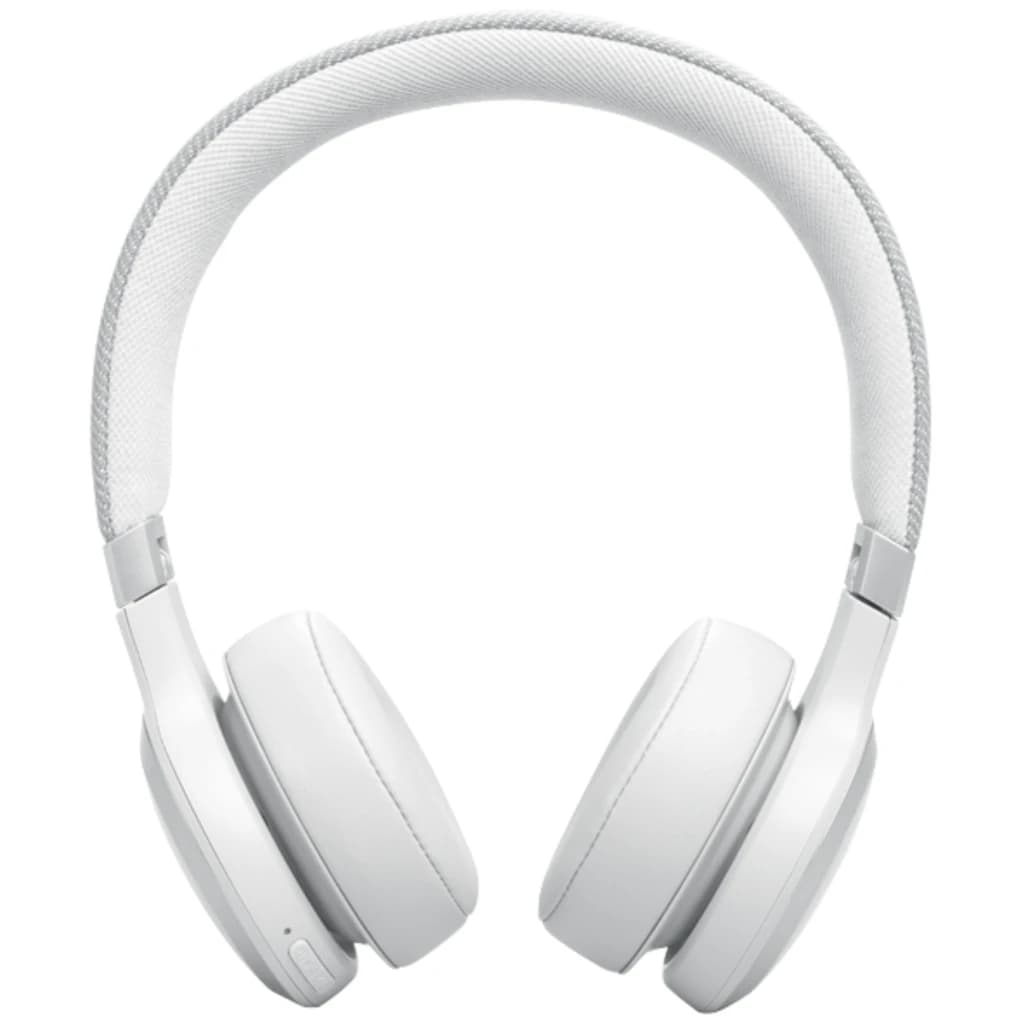 JBL Live 670NC Bluetooth Blanc casque supra-auriculaire blanc mat avec arceau tissu gris clair et coussinets moelleux, design épuré sans fil