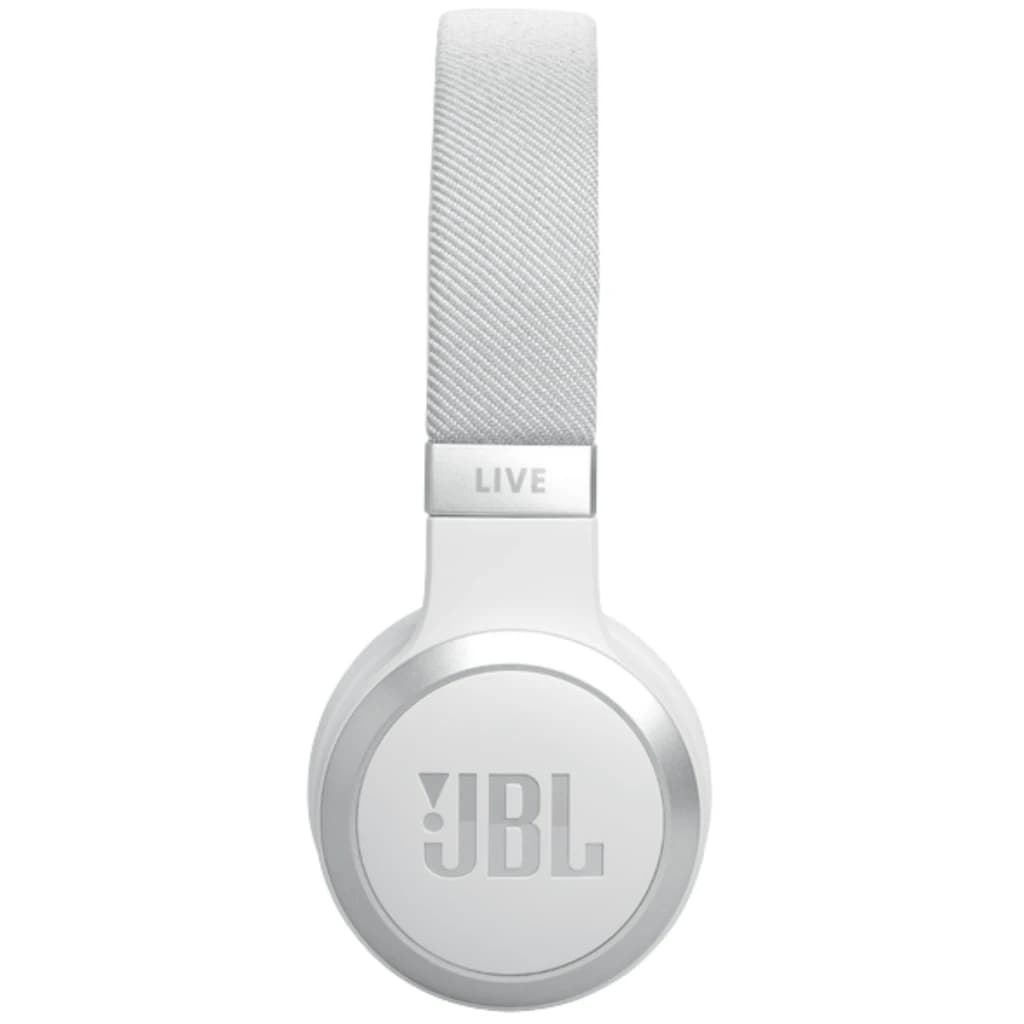 JBL Live 670NC Bluetooth Blanc – casque sans fil on-ear, arceau tissu clair, oreillette ronde logo JBL argenté, design épuré et moderne