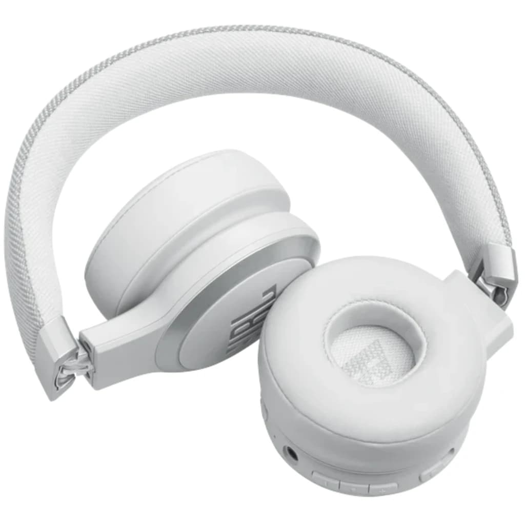 JBL Live 670NC Bluetooth Blanc, casque supra-auriculaire blanc mat avec arceau tissu, coussinets moelleux, commandes intégrées et ports discrets