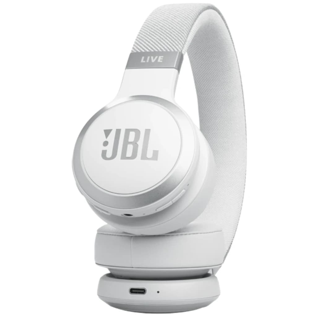 Casque JBL Live 670NC Bluetooth blanc, arceau rembourré, oreillettes pivotantes, finitions mates, port USB C visible, design épuré et moderne