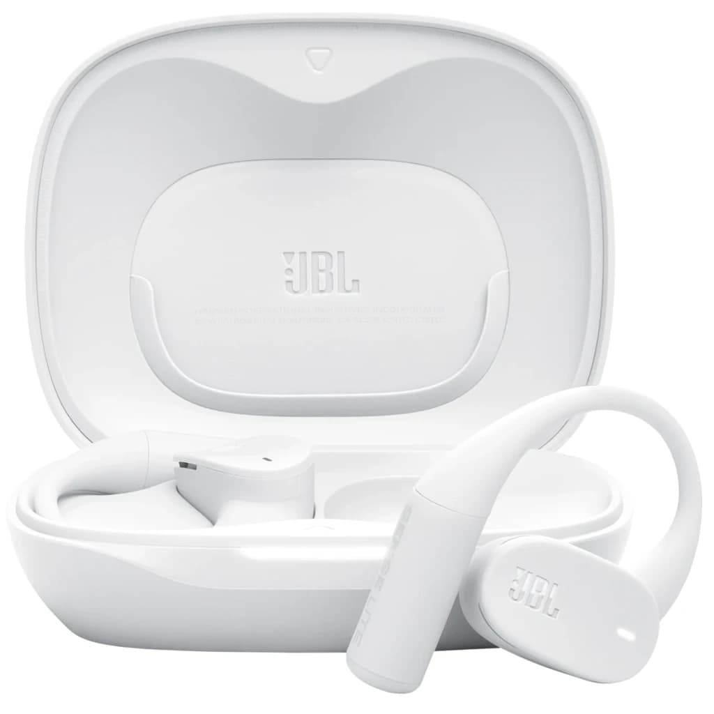 JBL Sense Lite Sans fil IP54 32 h Blanc avec crochets doreille, boîtier blanc compact, embouts ouverts, design épuré pour maintien sûr et confort quotidien