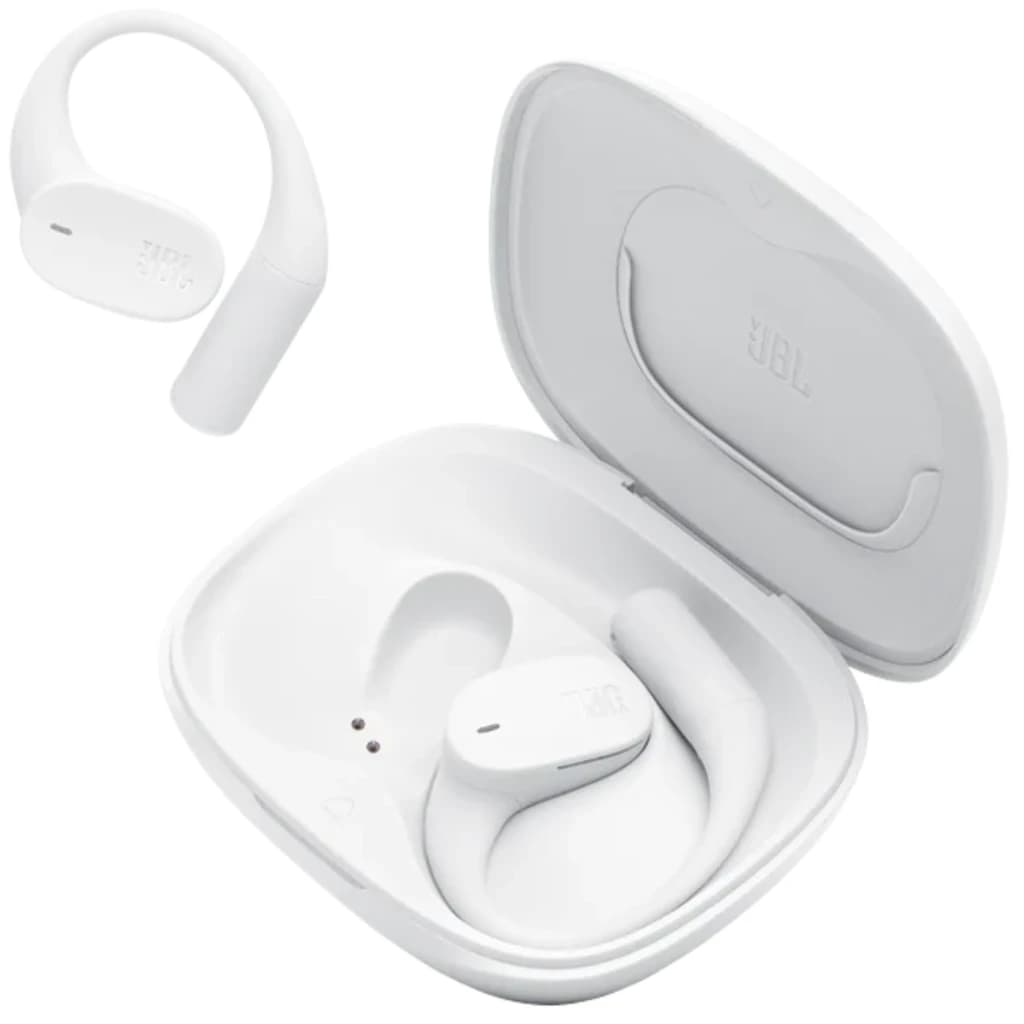 Écouteurs blancs avec tour d’oreille ergonomique et boîtier assorti, design épuré, finition mate, LED de charge et ajustement sécurisé IP54
