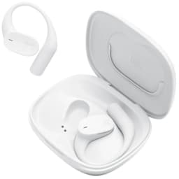 Écouteurs blancs avec tour d’oreille ergonomique et boîtier assorti, design épuré, finition mate, LED de charge et ajustement sécurisé IP54