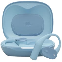 JBL Sense Lite Sans fil IP54 32 h Bleu avec boîtier de charge bleu pastel, crochets d’oreille souples, embouts ovales et LED blanche discrète