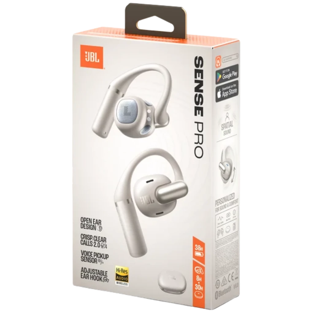 JBL Sense Pro Inalámbricos IP54 38 h Gris con estuche gris claro, ganchos ergonómicos para oreja, puntas intrauditivas y diseño compacto con logo JBL visible - Ítem6
