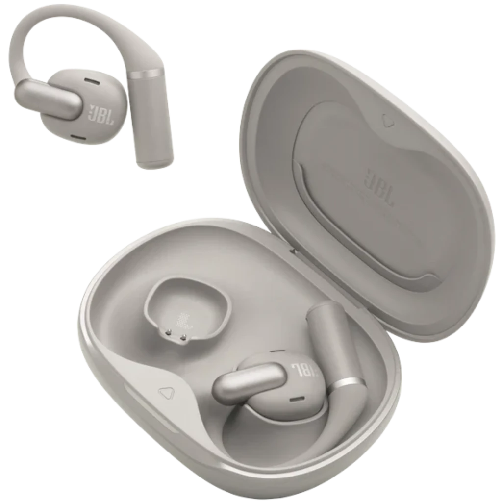 JBL Sense Pro Inalámbricos IP54 38 h Gris con estuche gris claro, ganchos ergonómicos para oreja, puntas intrauditivas y diseño compacto con logo JBL visible - Ítem1