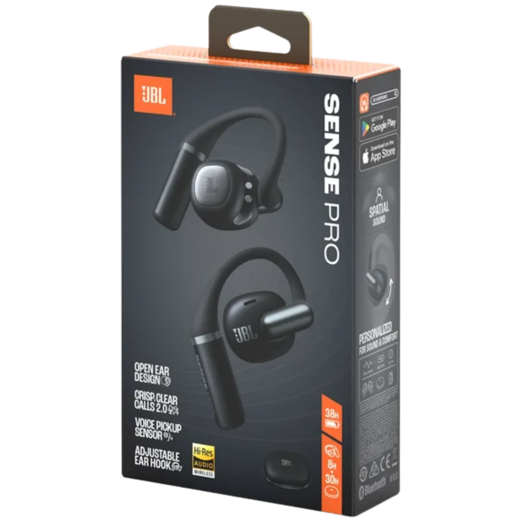 Auriculares JBL Sense Pro negros con gancho ergonómico, estuche de carga abierto, acabado mate, LED frontal y diseño resistente IP54; compactos y deportivos - Ítem7