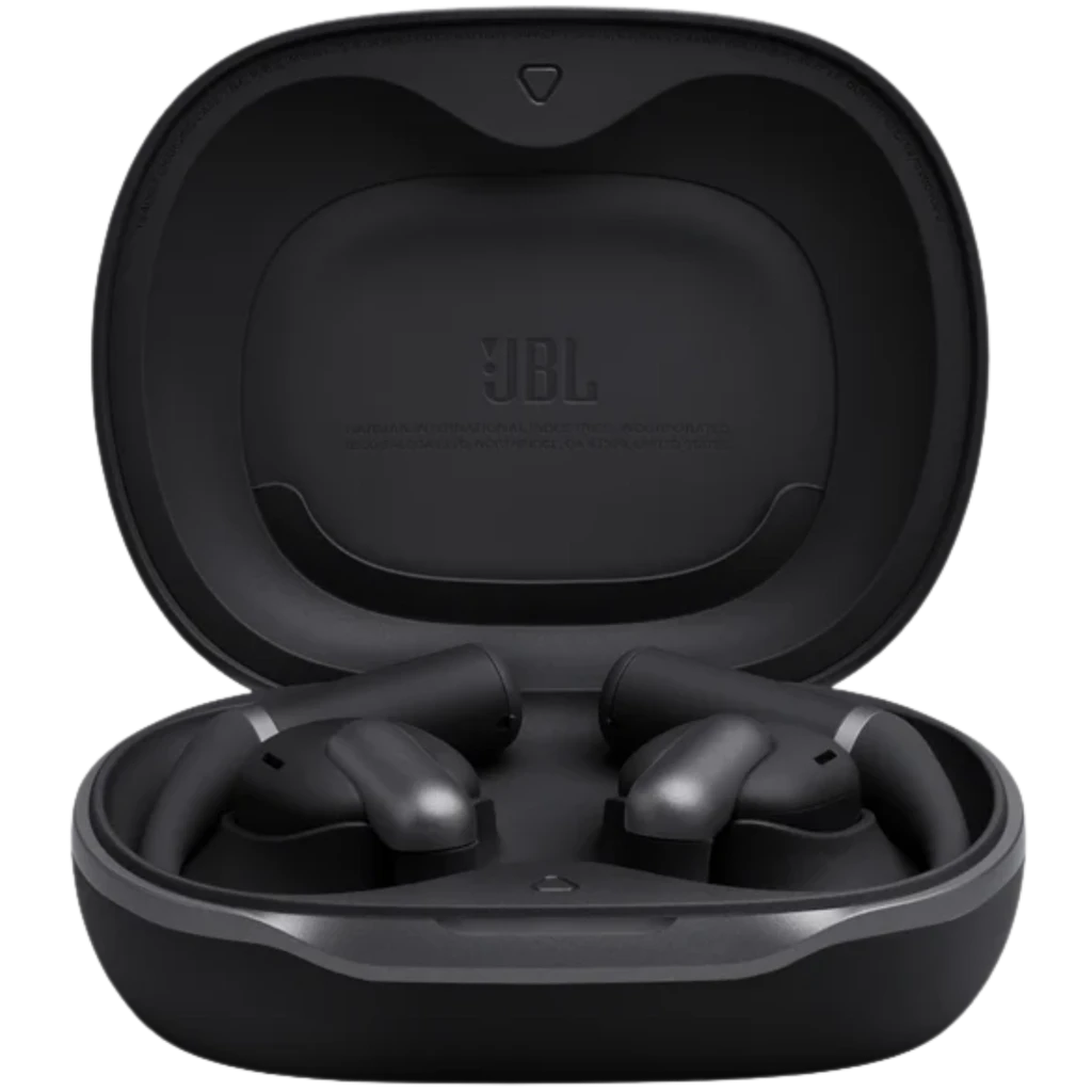 Auriculares JBL Sense Pro negros con gancho ergonómico, estuche de carga abierto, acabado mate, LED frontal y diseño resistente IP54; compactos y deportivos - Ítem1
