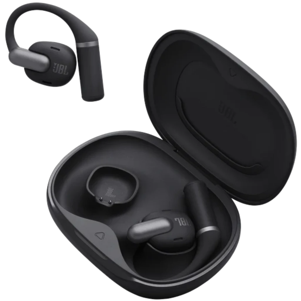 Auriculares JBL Sense Pro negros con gancho ergonómico, estuche de carga abierto, acabado mate, LED frontal y diseño resistente IP54; compactos y deportivos - Ítem2