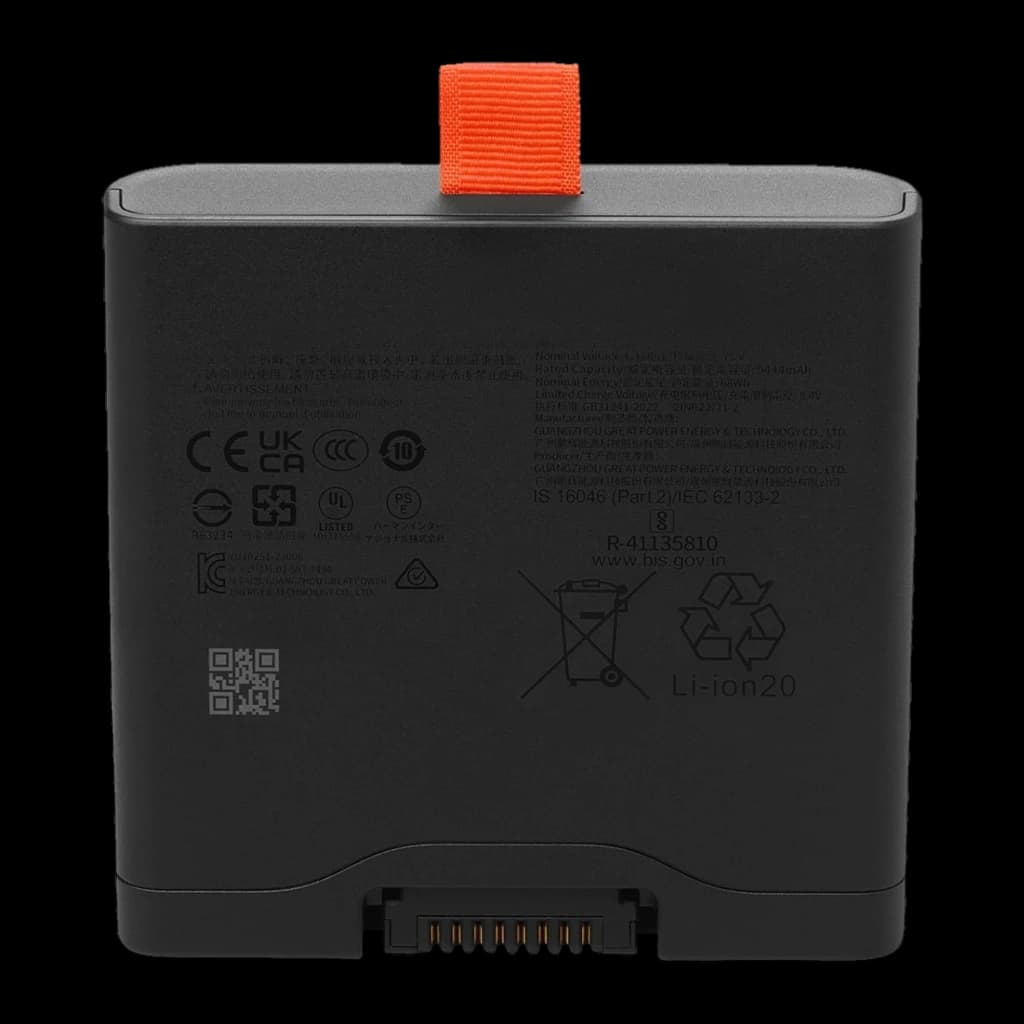JBL Battery 400 18 h Noir, bloc batterie Li‑ion noir compact avec languette orange, marquages techniques au dos et connecteur doré à broches en bas